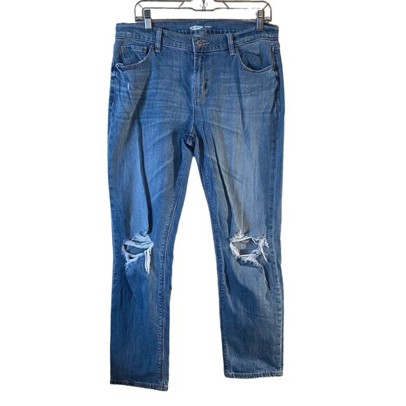 Old Navy Boyfriend Women Blue Distressed Ripped Jeans Standards Mid Rise Size 8 - Picture 3 of 13